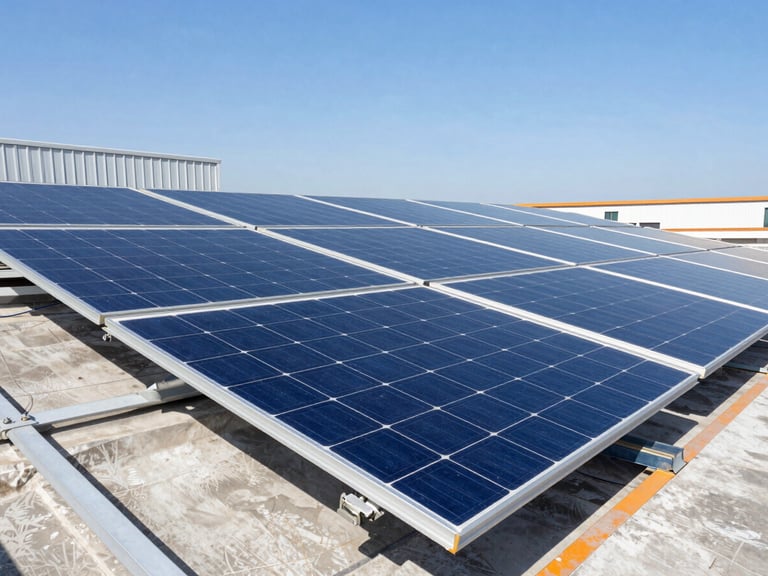 Close-up of a large solar array on a commercial rooftop, panels reflecting clear blue sky, clean industrial lighting.