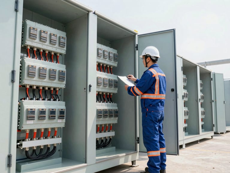 Engineer in high-visibility gear inspecting a complex industrial electrical panel, wires neatly organized, bright interior lighting.