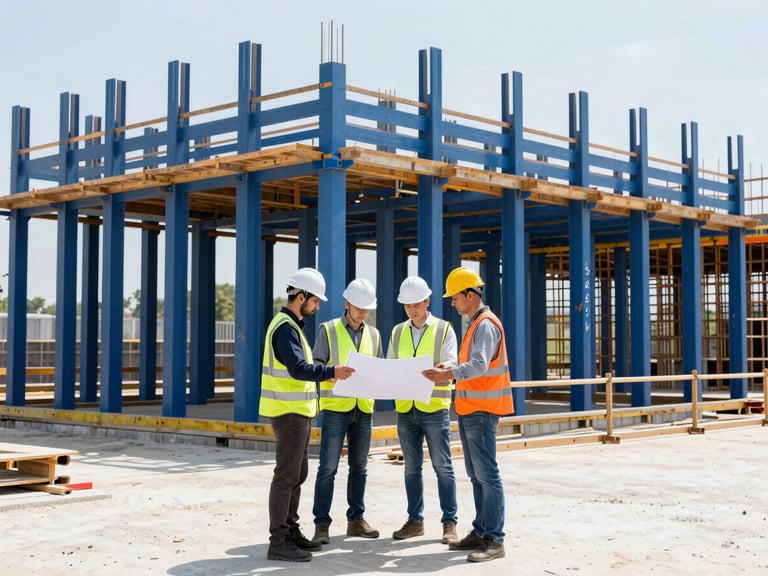 Group of skilled construction workers in hardhats and high-vis vests, reviewing blueprints on a construction site, bright daylight.