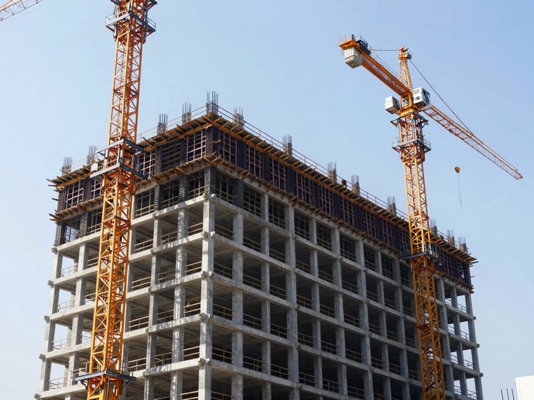 Wide shot of a modern commercial building construction site, steel rebar frames rising, cranes active, bright daylight, high-contrast.