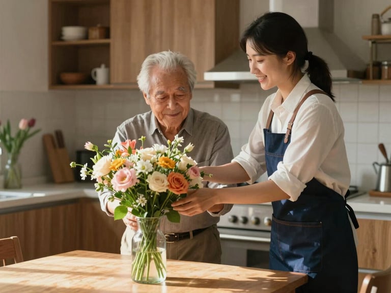 Candid medium shot of an elderly man and a smiling young female operator arranging fresh flowers in a vase on a sunlit dining table, warm domestic kitchen background, soft natural lighting.