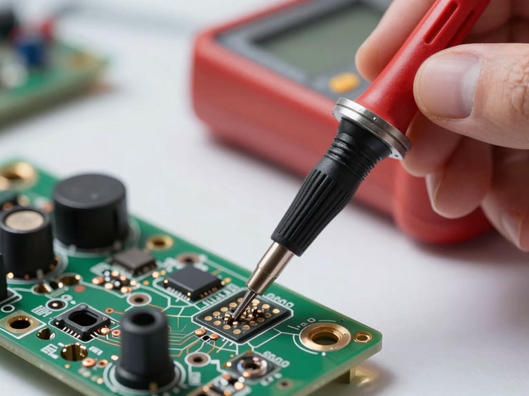 Macro close-up of a digital multimeter probe testing a circuit board, bright functional workspace lighting, sharp focus on the copper contacts