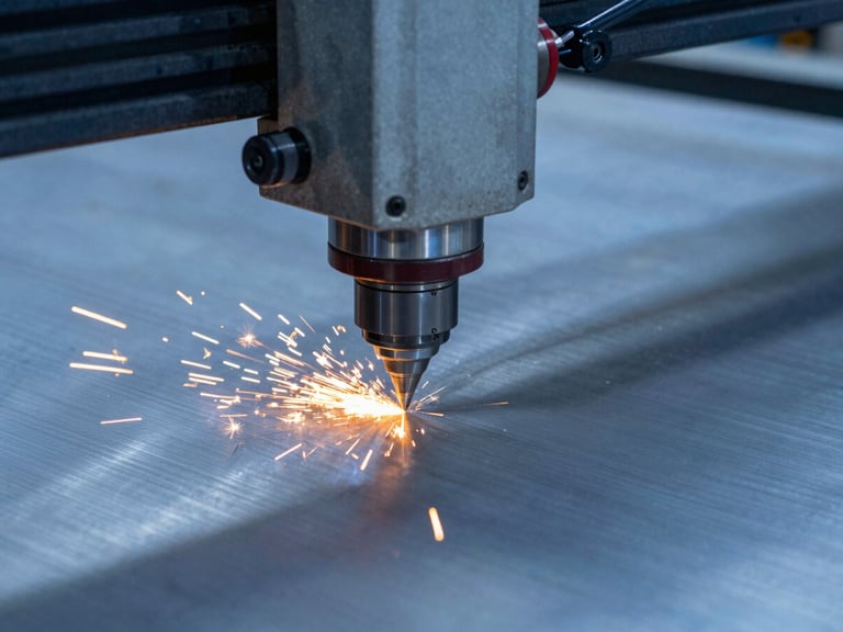 A close-up of a high-precision laser cutting head slicing through a thick steel plate, bright orange sparks spraying downwards, cool blue metallic background, sharp focus, 35mm lens
