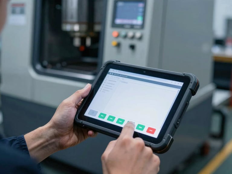 Close-up of a workshop operator's hands holding a rugged mobile tablet on a factory floor, showing a simple interface with green and red status buttons, CNC machine blurred in background