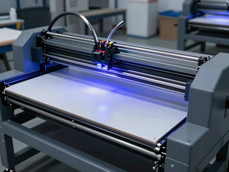 A large-format flatbed UV printer operating in a modern signage workshop, vibrant ink droplets curing under UV light, steel-grey machine housing, industrial framing