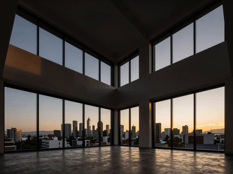 Dramatic wide-angle shot of a high-end residential interior, featuring clean lines, large windows, and a minimalist aesthetic with a view of Monterrey's skyline at golden hour.