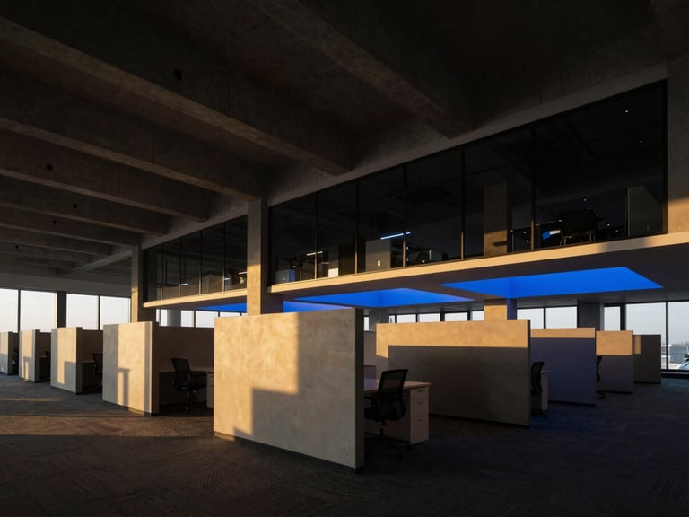 High-contrast shot of a modern corporate office interior, showcasing geometric partitions, exposed concrete ceilings, and architectural blue lighting accents, seen from a low angle.