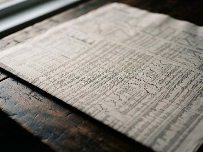 Macro shot of a physical financial newspaper on a dark wooden table, soft morning window light casting deep shadows, editorial financial photography, 35mm film