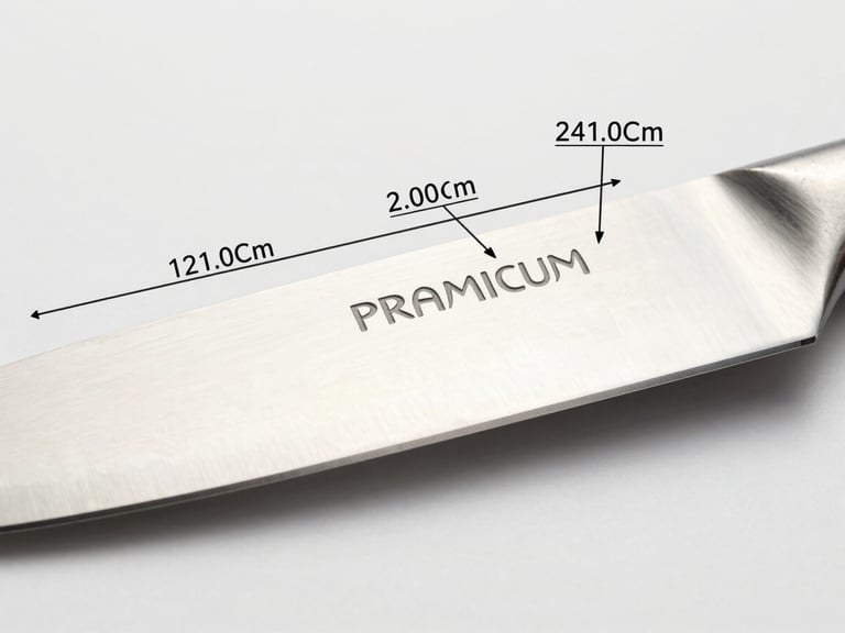 Macro close-up of a premium kitchen knife on a clean white surface, highlighting sharp steel texture and clear graphic callouts of product dimensions