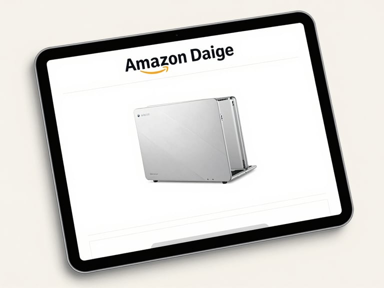 Crisp digital mockup of an optimized Amazon product listing on a tablet screen, bright studio lighting, clean off-white background, professional editorial style