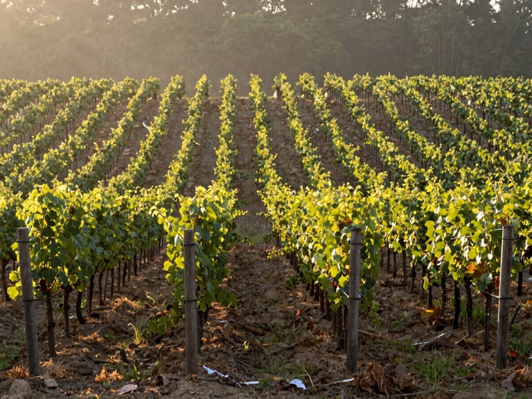Rows of grapevines at a Khao Yai vineyard at golden hour, low sun, warm light, wide architectural shot, warm editorial photography, soft morning mist, forest green and stone grey tones, shallow depth of field, 35mm
