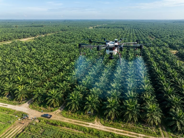 Wide aerial drone-perspective shot of an industrial agricultural drone hovering over a vast green palm oil plantation under crisp morning daylight, high-detail agricultural tech.