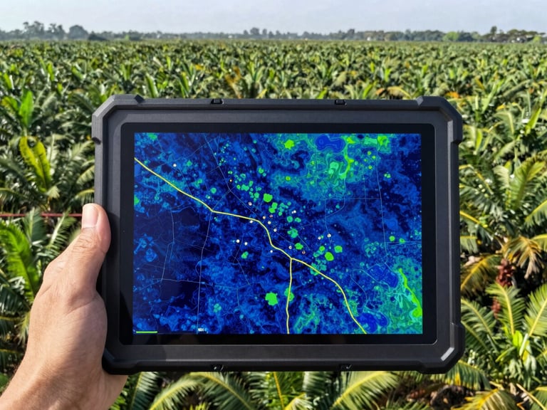A high-contrast multispectral NDVI map displayed on an industrial rugged tablet screen held in front of a vast palm oil plantation