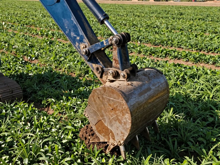 Low-angle heroic shot of a large clean excavator bucket lifting soil, bright morning daylight, rich green plantation background