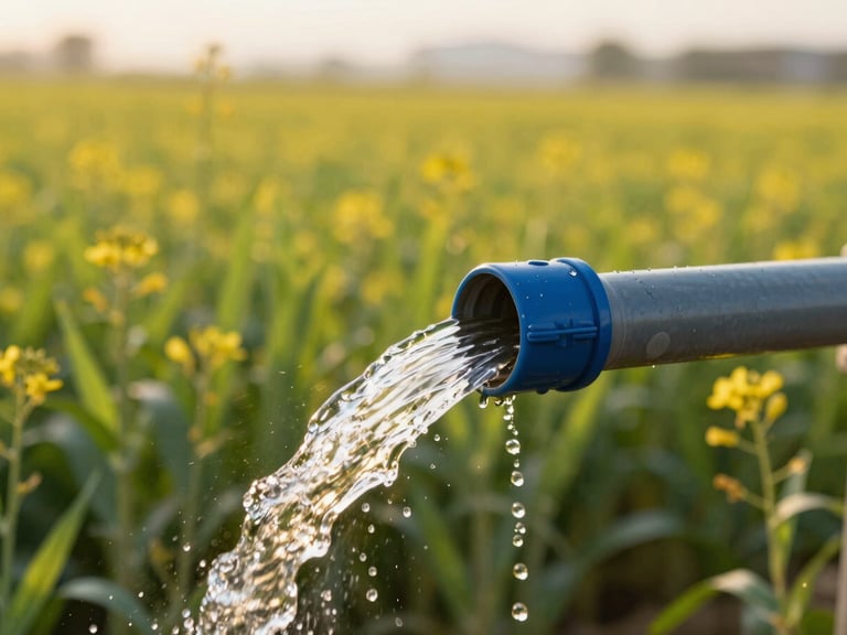 Close-up of clean water gushing out of a solar-powered irrigation pipe in a lush green mustard field, bright warm golden hour sunlight, sparkling water droplets.