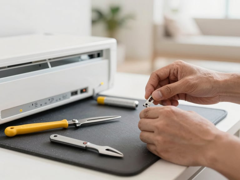Medium close-up of clean hands repairing an appliance control panel, tools neatly arranged on a work mat, bright natural home lighting, realistic domestic interiors, sharp focus, 35mm lens