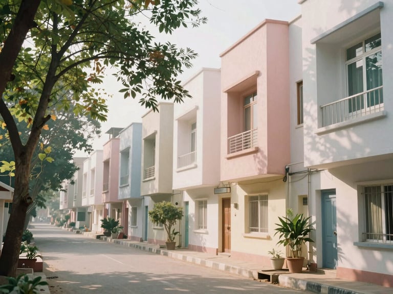 Bright editorial photo of a tree-lined street in Rajouri Garden, soft morning sunlight casting gentle shadows on modern residential facades, 35mm lens.
