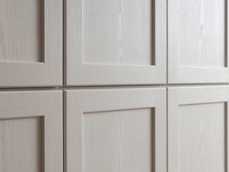 Close-up of rift-sawn white oak cabinetry with perfectly aligned grain, soft diffused side-light, sharp focus, 35mm lens, architectural interior photography