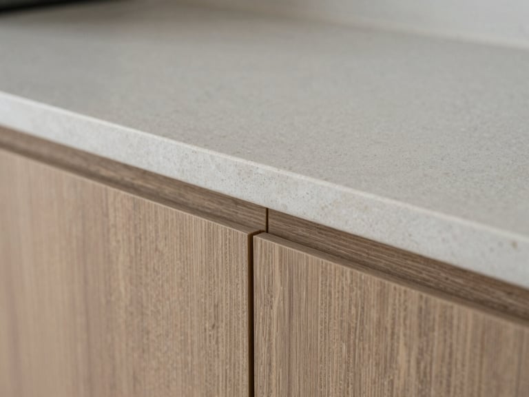 Macro detail of a seamless joint where engineered quartz countertop meets architectural wood paneling, zero-tolerance fit, soft diffused side-light, sharp focus, 35mm lens, architectural interior photography