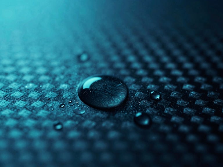 Extreme macro close-up of liquid perfectly beading on a dark treated carbon fiber surface, electric cyan backlighting, high-contrast cool studio lighting, 35mm