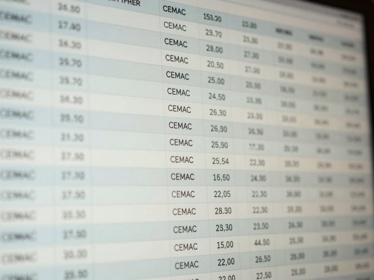 Close-up of a structured data table on a screen, showing economic indicators for the CEMAC region, soft library light, muted corporate tones, clean abstract data visualization.