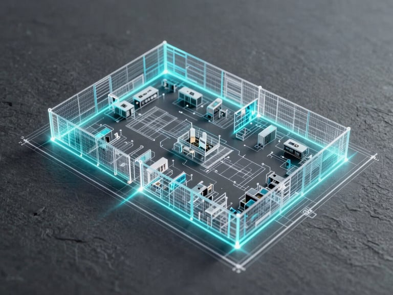 High-contrast architectural blueprint of a retail store layout overlaid with glowing cyan data streams, technical precision, cool slate gray background.