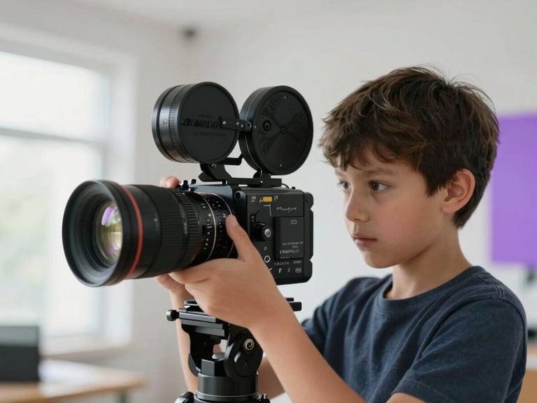 A medium close-up of a young boy adjusting a cinema-grade camera lens in a bright modern studio, natural daylight mixing with soft purple accent glows.