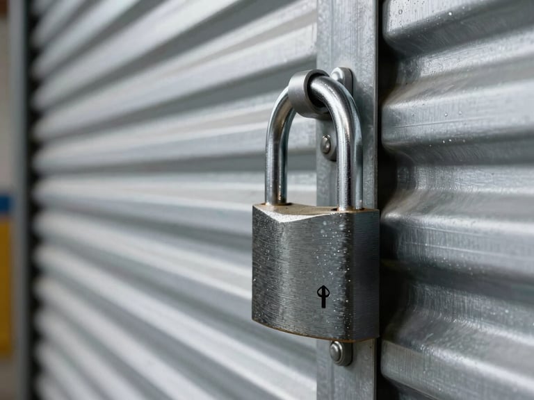 Macro close-up of a heavy-duty steel padlock securing a corrugated metal roll-up door, high-contrast industrial warehouse lighting, clean metallic textures.