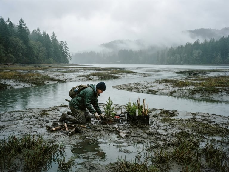 Wide environmental landscape of a misty Washington estuary at low tide, overcast morning light, a volunteer in a dark green rain jacket planting native shrubs in the mud, cold grey-green water, 35mm film grain.
