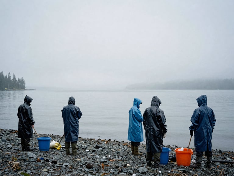 Overcast environmental shot of volunteers in rain gear working along a cold-water shoreline in Puget Sound, misty atmosphere