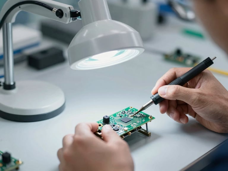 Technician's hands holding a circuit board under a magnifying lamp, fine soldering tools visible, industrial workbench.