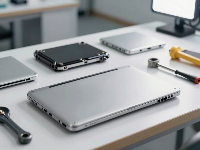 Clean, organized workbench with disassembled laptop components, tools neatly arranged, bright studio light.