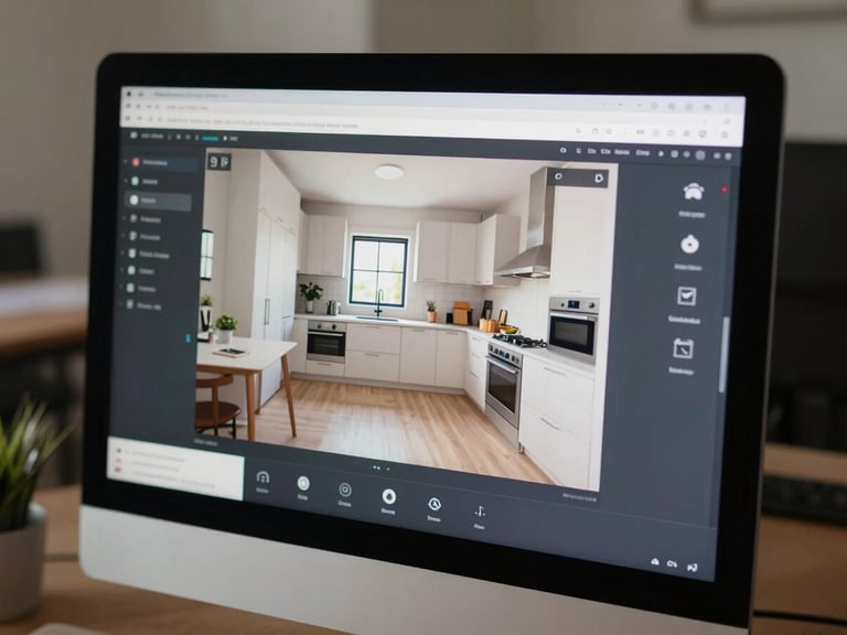 Close-up angled view of a desktop monitor displaying a 360-degree virtual property tour interface, screen showing a bright kitchen interior with navigation controls visible, office neutral lighting, no people