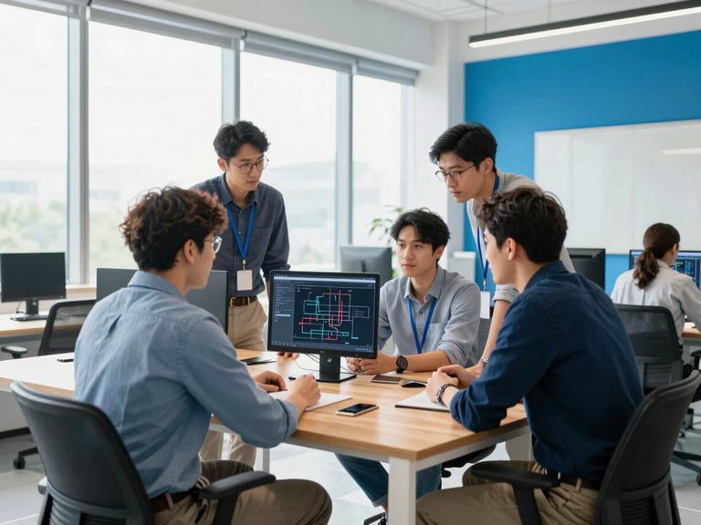 Wide environmental shot of a modern collaborative tech space, bright high-key natural light, software engineers discussing system architecture around a clean wooden table, sharp focus, 35mm