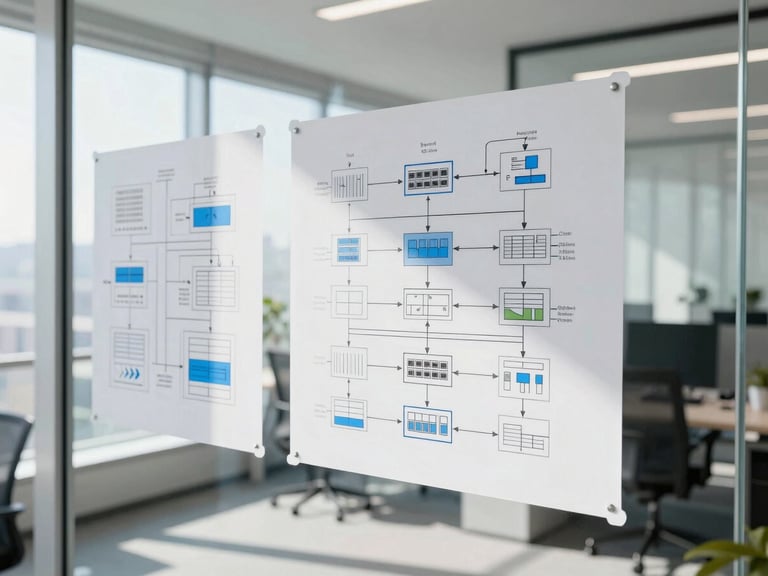Bright modern tech workspace with schematic system architecture drawings on a glass wall, natural window light, high-key corporate photography, 35mm