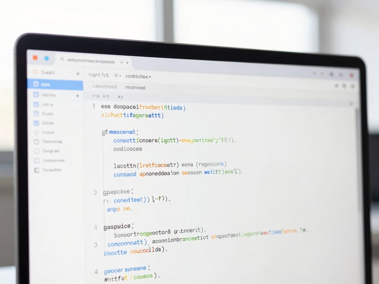 Tight macro-focused detail of a clean code screen showing structured modern syntax under bright studio illumination, high-key corporate photography, 35mm