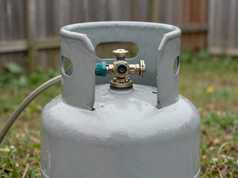 Close-up of a residential propane tank installed in a real backyard, daylight, weathered grass and fence in the background, tank regulator and hose visible, honest utilitarian framing with no staging