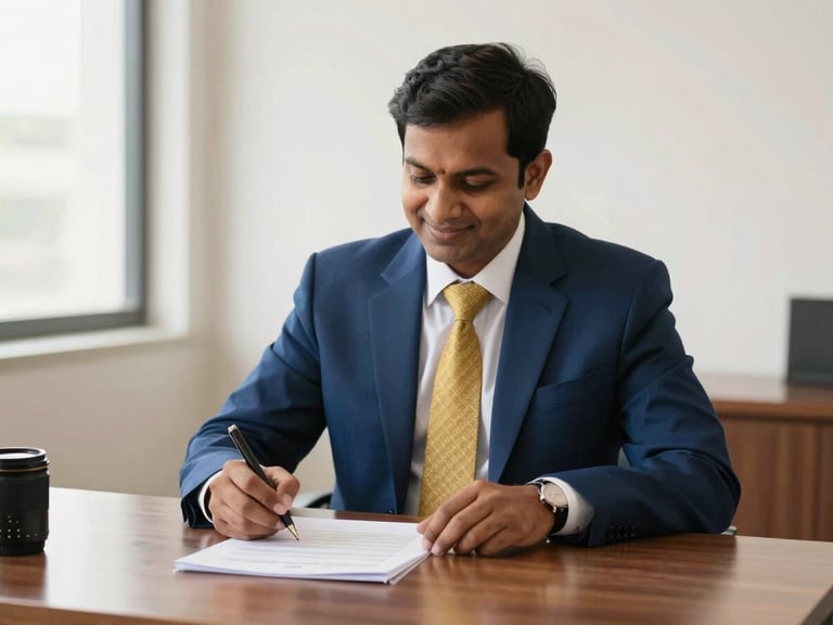 A confident Indian professional signing loan documents at a clean desk, bright natural daylight, rich deep blue and gold tones, professional 50mm lens.