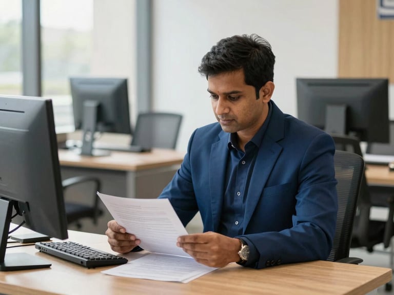 A focused Indian business owner reviewing documents at a clean desk in a modern office, natural daylight, rich deep blue and gold tones, professional 50mm lens.