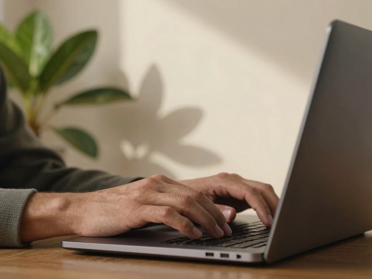 Close-up of a person's hands typing on a sleek laptop next to a green plant, warm natural Texas light casting soft shadows on a cream-colored wall.