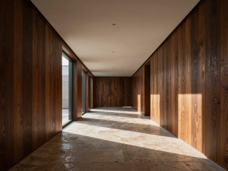 Wide-angle architectural perspective of a minimalist residential gallery corridor, dark oak paneling, recessed lighting, raw stone floor, dramatic afternoon shadows, no people.