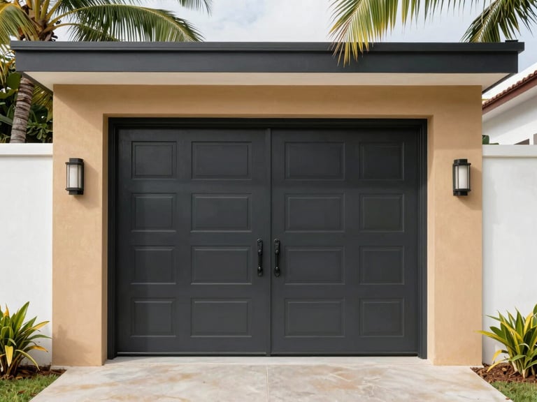 A grand charcoal aluminum french door entryway of a modern Trinidad home, warm sand accents, bright tropical light