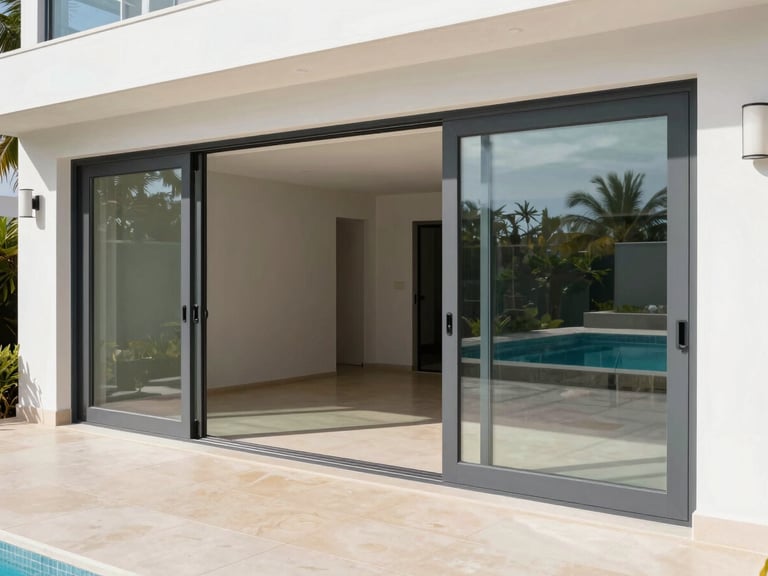 Wide shot of large-format aluminum sliding doors opening to a modern patio, clean architectural lines, bright daylight