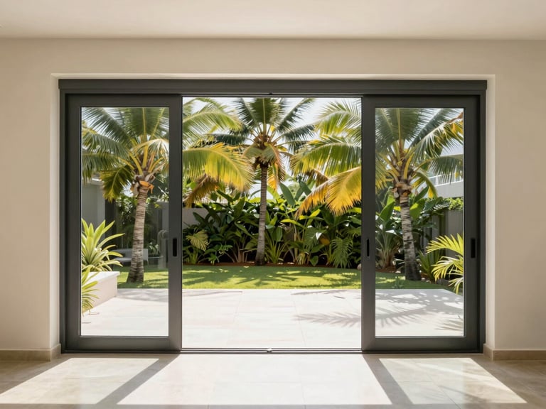 Sleek charcoal aluminum sliding doors opening to a bright tropical patio, bright daylight casting clean architectural shadows, 35mm lens