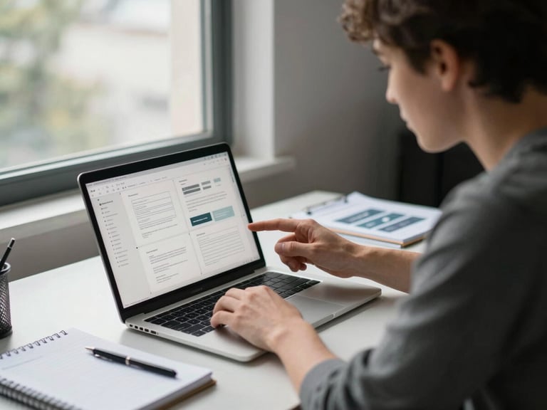 Medium shot of a team member at a desk reviewing design wireframes on a laptop screen, natural daylight from a window to the left, notebooks and printed mockups visible on the desk surface, slightly overcast ambient light, calm workspace