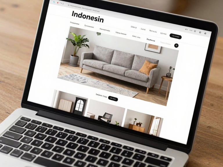 Close-up overhead of a laptop screen displaying a clean e-commerce product page for an Indonesian furniture manufacturer, natural office ambient light, wooden desk surface partially visible at edges, sharp detail on UI components