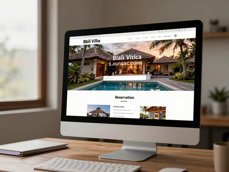 Medium shot of a desktop monitor on a work desk showing a Bali villa booking website with warm photography and clear reservation flow, slightly overcast window light from the left, minimal desk clutter visible