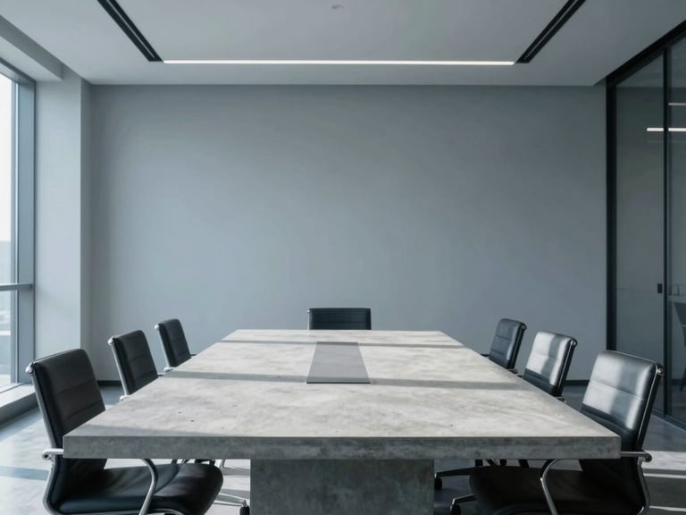 A clean corporate boardroom with a large minimalist concrete table, sharp shadows, cool architectural lighting, desaturated blue tones