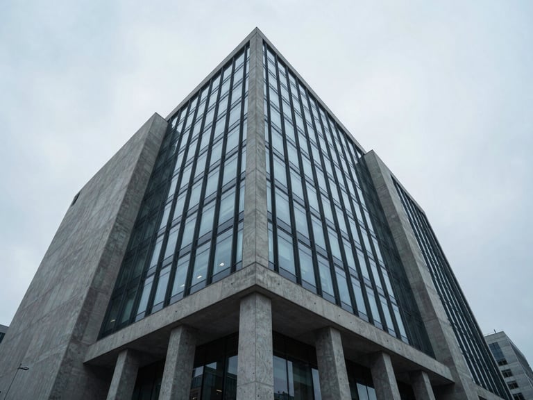 Low-angle architectural perspective of a modern concrete and glass corporate headquarters under cool overcast daylight, desaturated blue tones, high-contrast minimalist composition.
