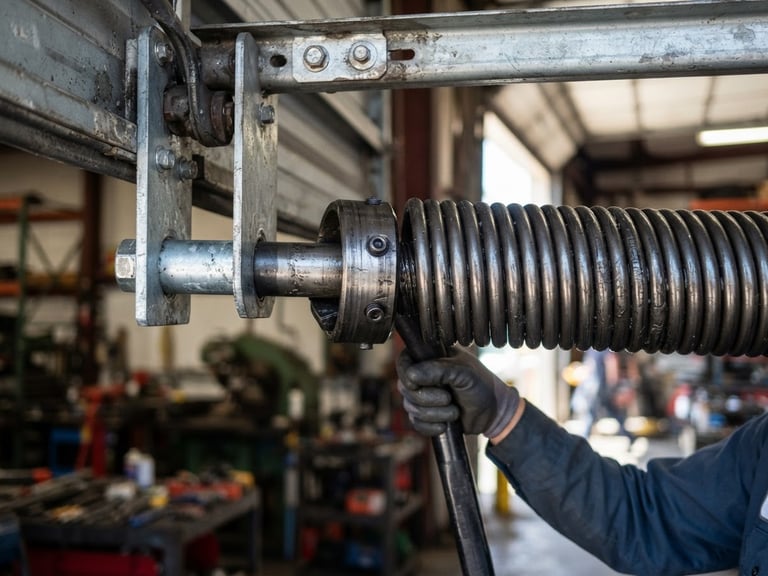 Close-up of a heavy-duty steel torsion spring being tensioned by a professional tool, high contrast, industrial detail, daylight, 35mm lens